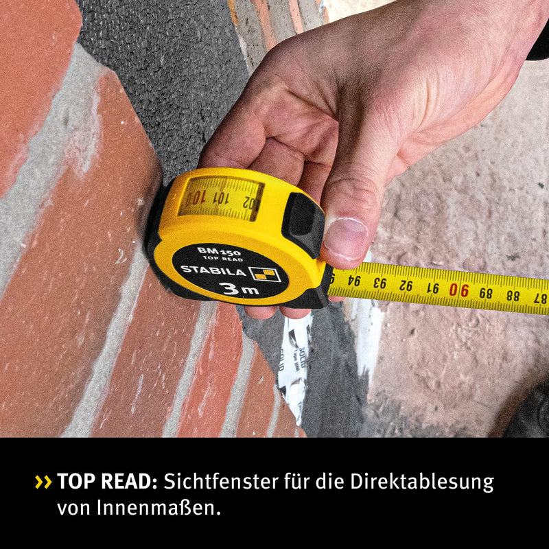 STABILA pocket tape measure BM 150, 3 m, tape measure with metric scale, viewing window for direct reading, break-proof ABS housing, movable starting hook, belt clip, MID accuracy