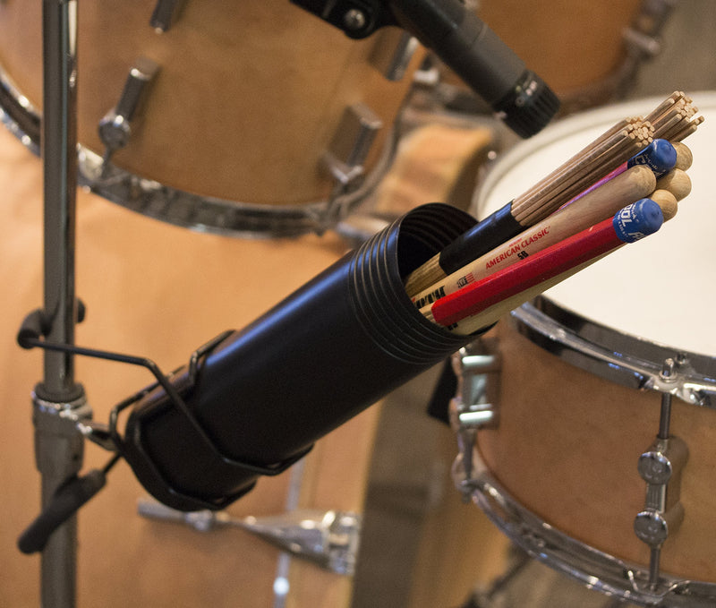 String Swing Drum Stick Holder - Stagehand Drumstick Container Bag Holds up to 8 Pairs of Zildjian Vic Firth ARLX and Vater Drumsticks - Two Clamps Attach Securely to Microphone & Cymbal Pole