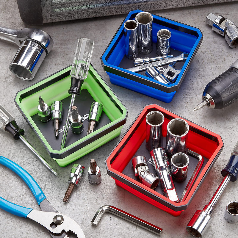 Collapsible Magnetic Parts Tray Set - (Pack of 3) Tool Trays for Screw, Bolts, Nuts, Washers, Pins and Other Small Metal Parts - 4.25 Inch Square - Red, Blue, and Green