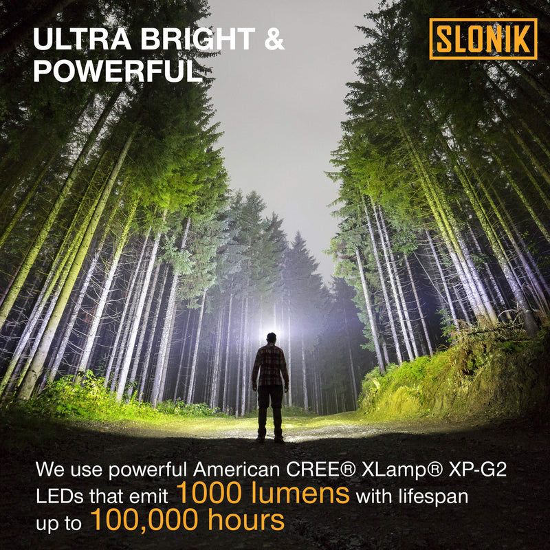 SLONIK 1000 Lumen Rechargeable CREE LED Headlamp w/ 2200 mAh Battery - Lightweight, Durable, Waterproof and Dustproof Headlight - Xtreme Bright 600 ft Beam - Camping and Hiking Gear