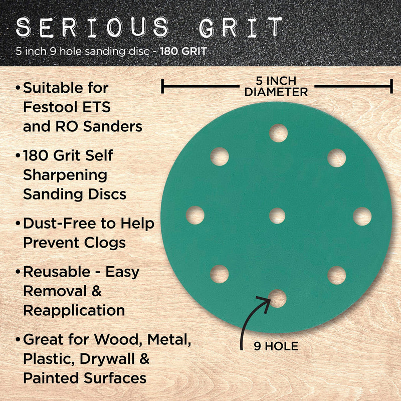 Serious Grit 5-Inch 9-Hole, 180 Grit Sanding Discs - Premium Hook and Loop Heavy Duty Sandpaper for Random Orbital Sanders - 50 PACK BOX