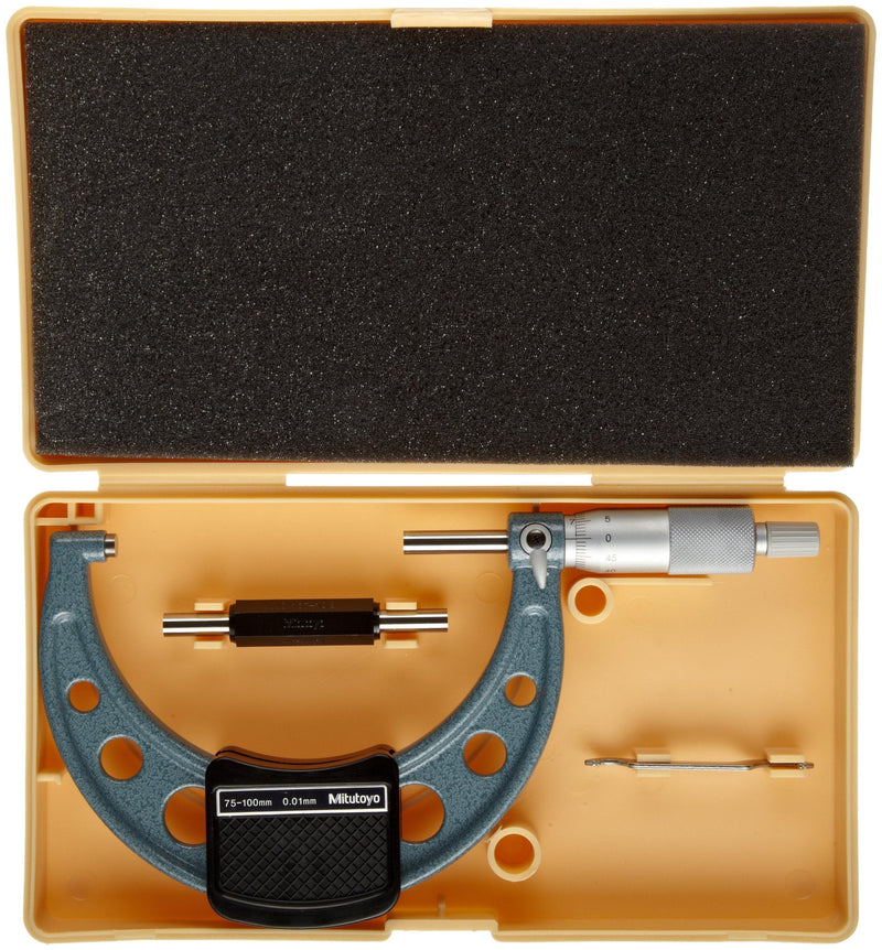 Mitutoyo 103-138 Outside Micrometer, Baked-enamel Finish, Ratchet Stop, 25-50mm Range, 0.01mm Graduation, +/-0.002mm Accuracy