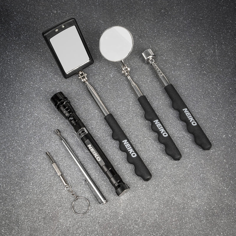 NEIKO 20736A Magnetic Pick-Up Tool and Inspection Mirror Set | Telescoping Flexible & Extendable LED Flashlight | 15lb Retriever Tool | 6 Piece Set | 360 Swivel, Adjustable, Telescoping Mirror