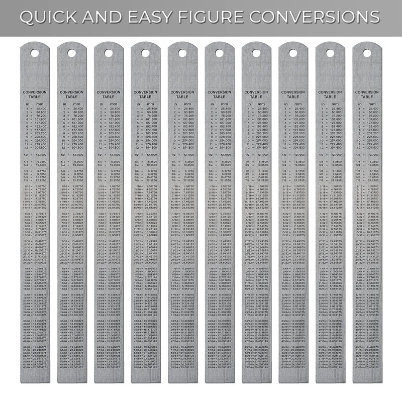 NOKKO Metal Ruler 10-Pack - Measuring Set of 12-Inch/30cm Stainless Steel Rulers - Imperial & Metric Measurements & Conversion Table - Etched Markers Start at The Very Edge of The Straight Edge Ruler