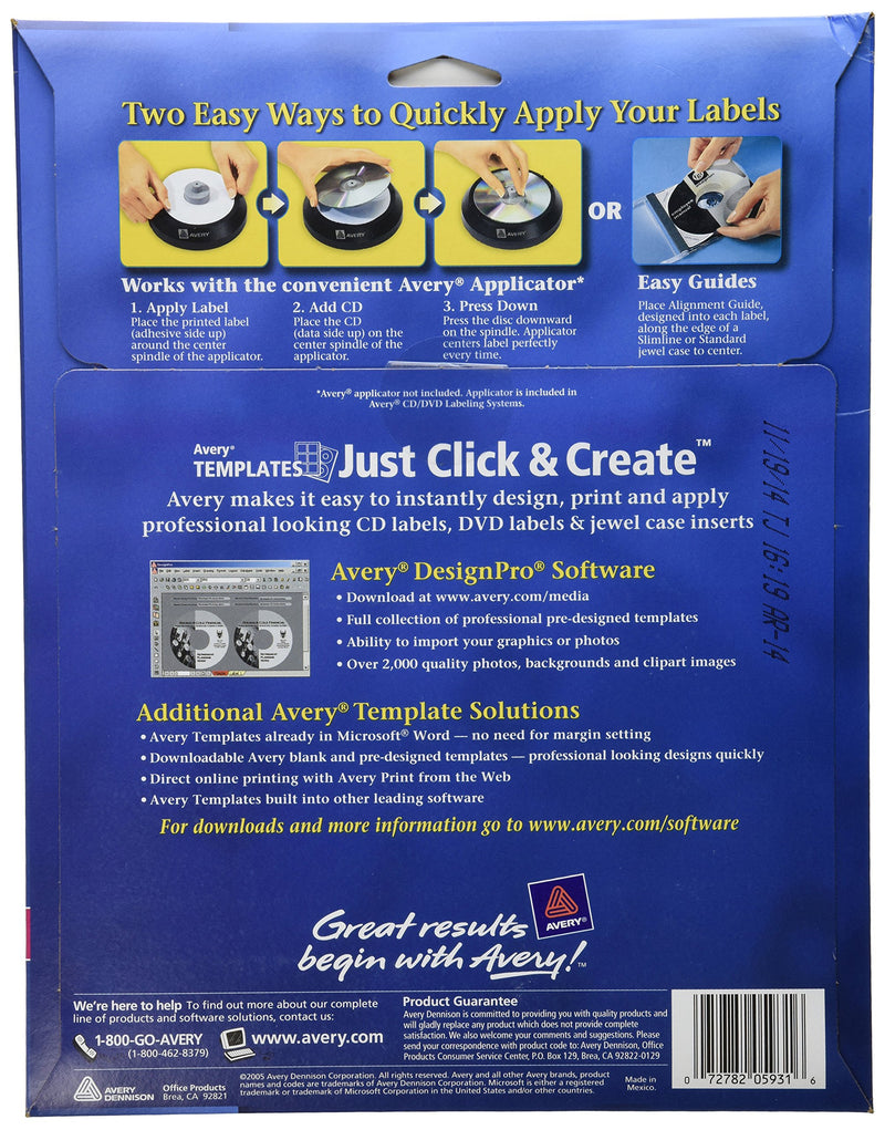 Avery 5931 Laser Labels Shuttered Jewel Case Inserts with Software for CD/DVD, 4 5/8" Diameter, White (AVE5931)