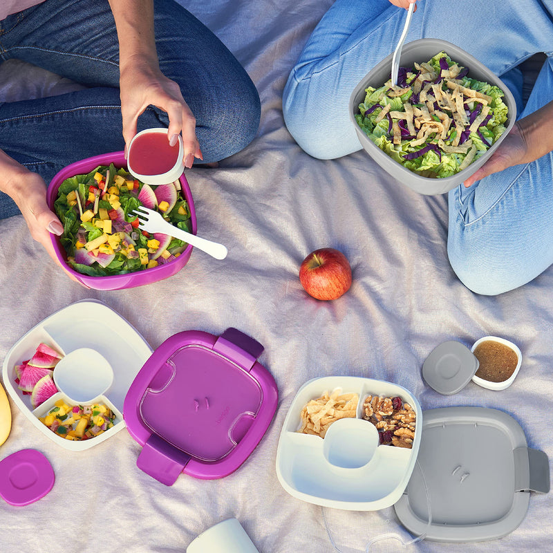 Bentgo Salad - Stackable Lunch Container with Large 54-oz Salad Bowl, 4-Compartment Bento-Style Tray for Toppings, 3-oz Sauce Container for Dressings, Built-In Reusable Fork & BPA-Free (Gray) Gray