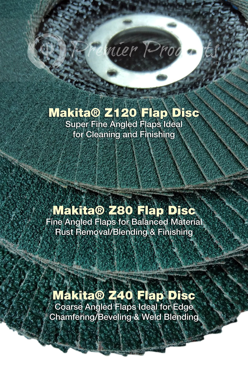 Makita 10 Pack - 120 Grit Flap Disc For Grinders - Fine Conditioning For Metal, Stainless Steel & Non-Ferrous - 4-1/2" x 7/8-Inch | Z120 Angled 10 Pack | Ultra Fine Finish