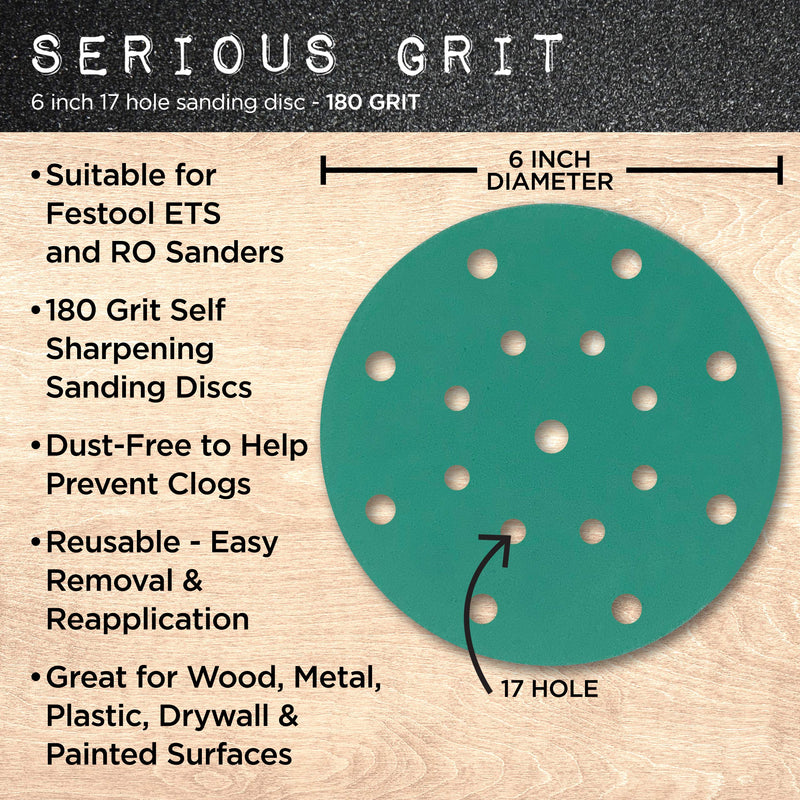 Serious Grit 6-Inch 17-Hole, 180 Grit Sanding Discs - Premium Hook and Loop Heavy Duty Sandpaper for Random Orbital Sanders - 50 PACK BOX