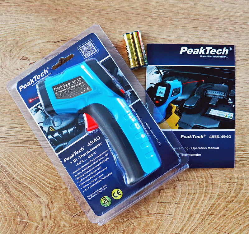 PeakTech 4940 infrared thermometer/pyrometer with laser, -50°C … 600°C, measuring point ratio 12:1, for fast surface temperature measurement 0.5s, emissivity 0.95 fixed