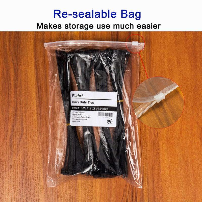 Flurhrt F-01 Nylon Zip Ties, Cable Ties 10 Inch, Black, Pack of 100