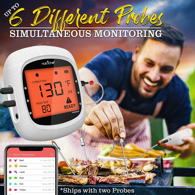 NutriChef Smart Bluetooth BBQ Grill Thermometer - Upgraded Stainless Dual Probes Safe to Leave in Outdoor Barbecue Meat Smoker - Wireless Remote Alert iOS Android Phone WiFi App, One Size, PWIRBBQ80 Multi Probe