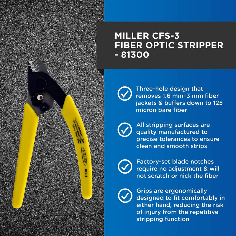 Miller CFS-3 Series Three-Hole Wire Stripper Tool for Working Technicians, Electricians, and Installers, Safe Cable-Splicing Tool, Easily Portable Wire Stripper, 4.2 Ounces 3 hole Curved TPE Handles