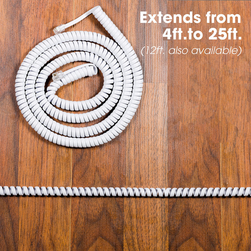 Power Gear Coiled Telephone Cord, 25 Foot Phone Cord, Works with All Corded Landline Phones, For Use in Home or Office, White, 76122 25 Feet 1 Pack