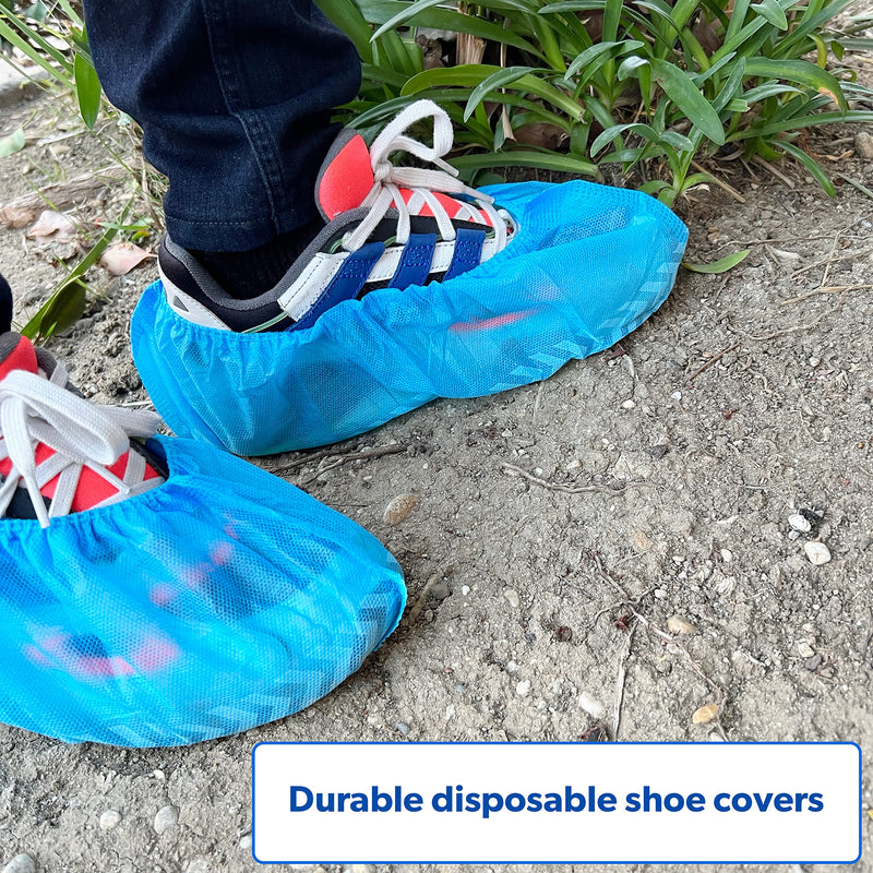 GSD Brand 100 Pack Extra Large Blue Disposable Non-Slip Boot & Shoe Covers. Water Resistant Indoor Use Premium Durable Booties with Non Skid Treads. Fits US Men's Size 14 and Women's 16 Shoe Size