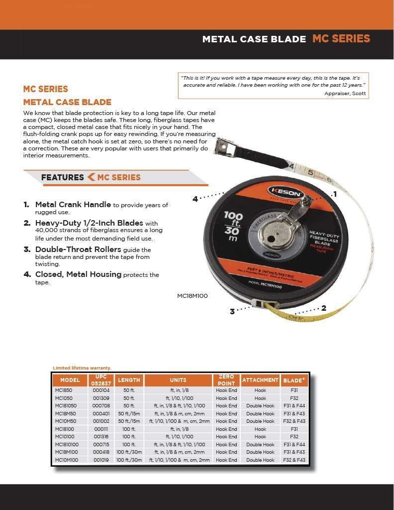 Keson MC1850 Closed Metal Housing Fiberglass Measuring Tape (Graduations: ft., in, 1/8), 50-Foot ft, in, 1/8; Hook End