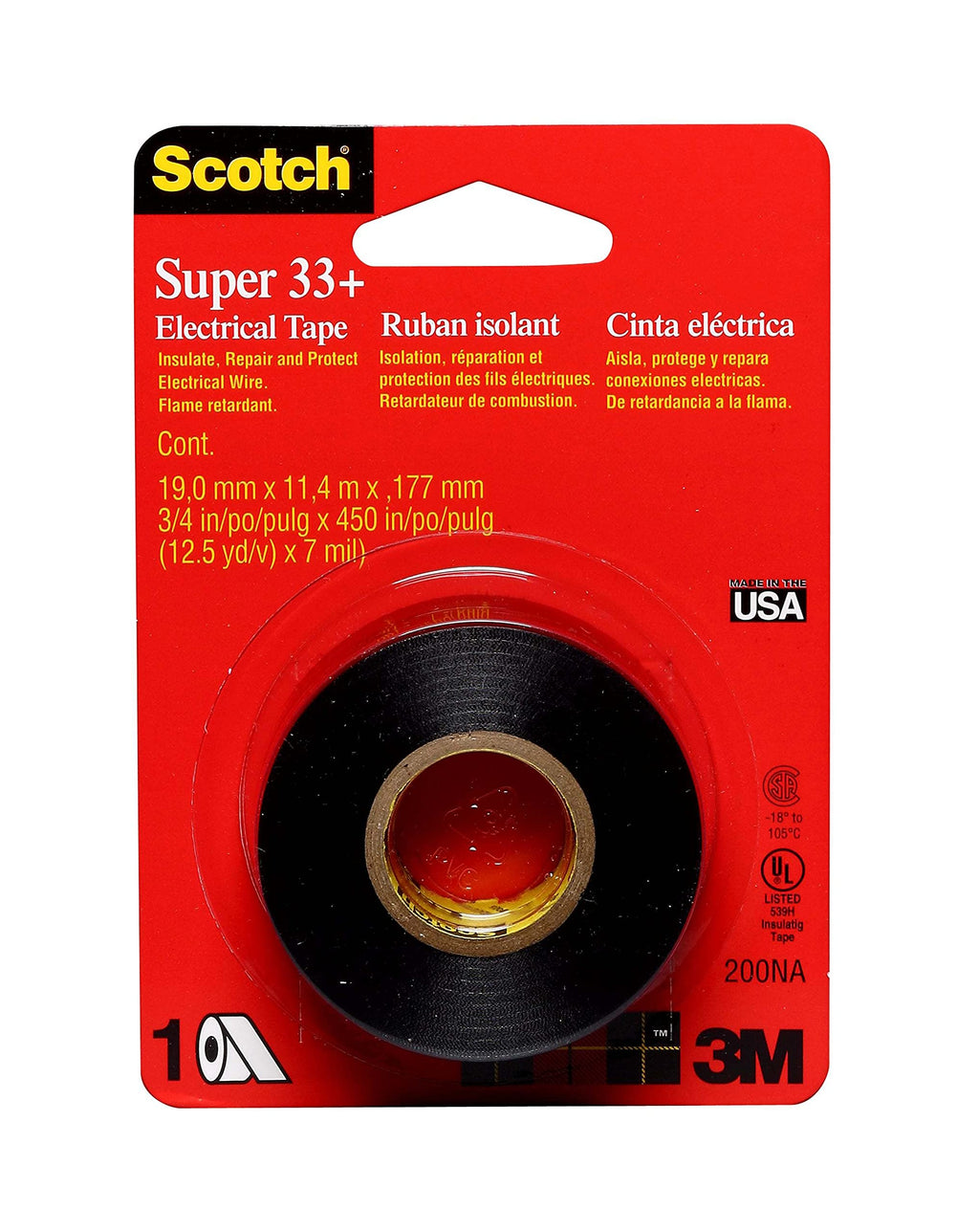 Scotch Super 33+ Electrical Tape, 3/4 in x 12-1/2 yd, Black, 1-Roll