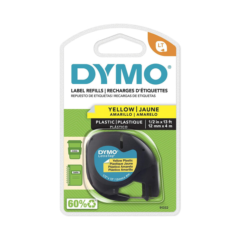 DYMO LetraTag Labeling Tape for LetraTag Label Makers, Black Print on Yellow Tape, 1/2'' W x 13' L, 1 roll (91332)