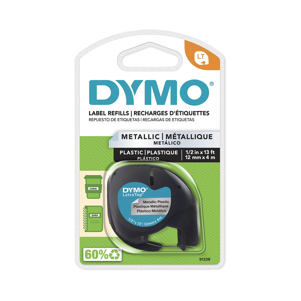 DYMO LetraTag Labeling Tape for LetraTag Label Makers, Black Print on Metallic Silver Tape, 1/2'' W x 13' L, 1 roll (91338)