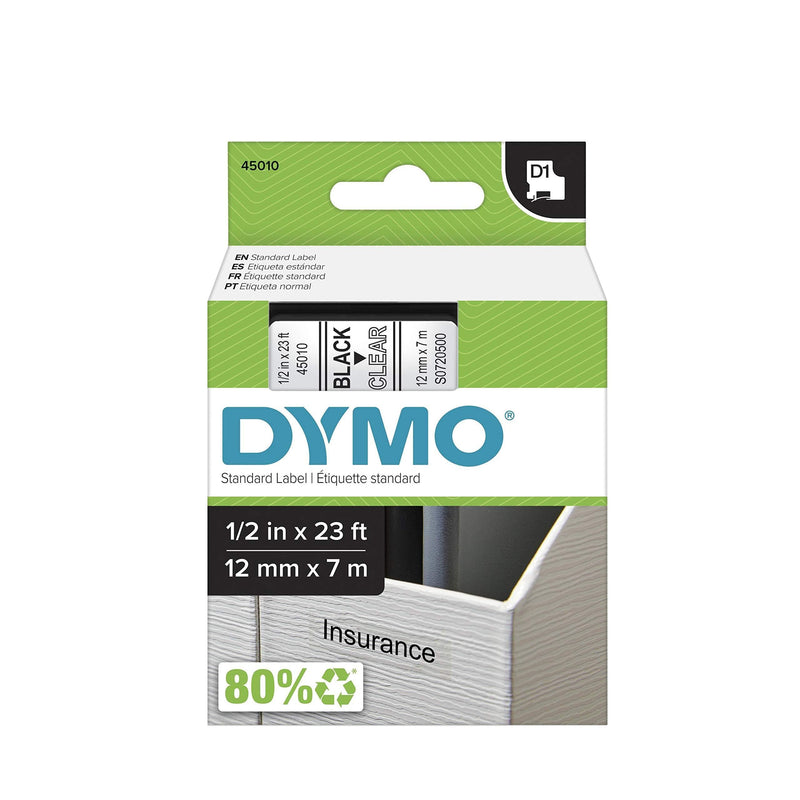 DYMO Authentic D1 Label l DYMO Labels for LabelManager, COLORPOP and LabelWriter Duo Label Makers, Great for Organization, Indoor and Outdoor Use, ½” (12mm), Black Print on Clear Tape, Water Resistant 1/2"