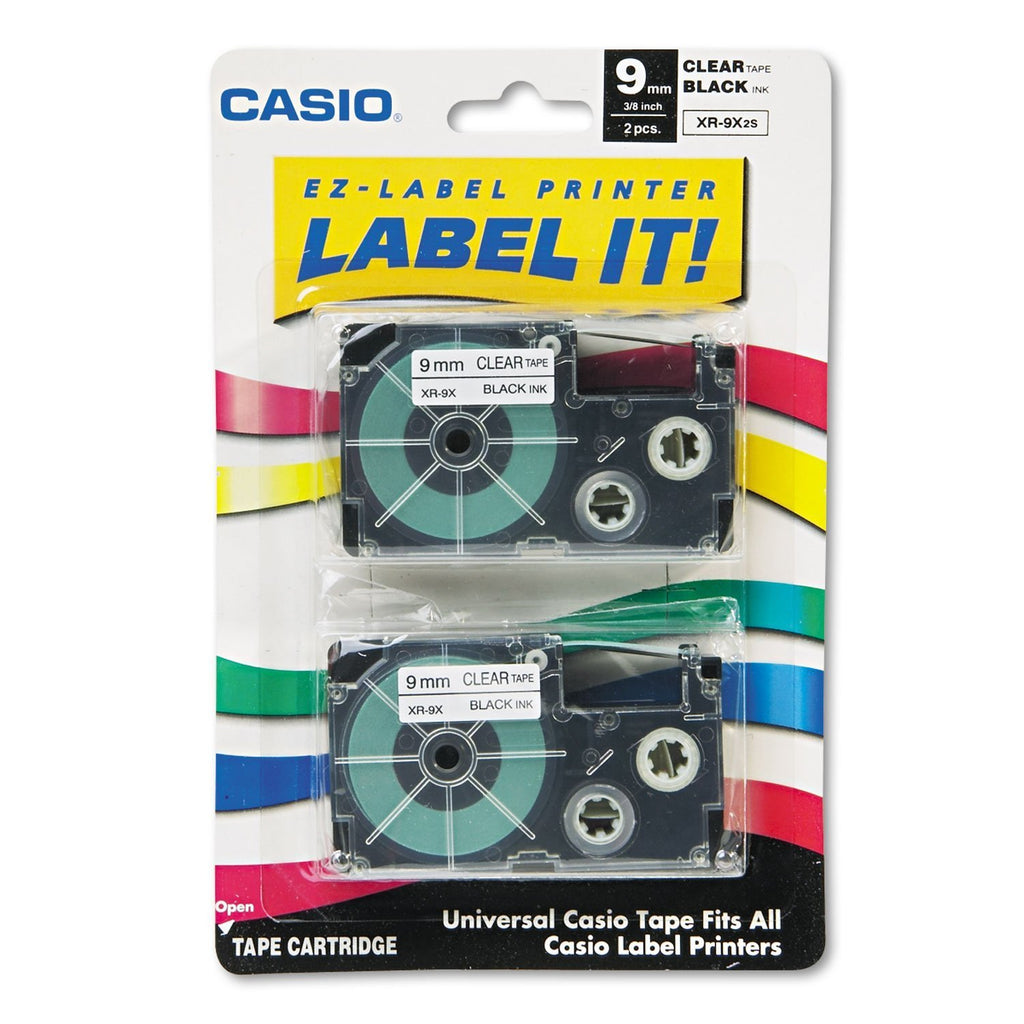 Casio 9mm Labelling Tape, Black on Clear, Double Pack (XR-9X2S). Clear Labels with Black Print Makes Text Easy to Read.