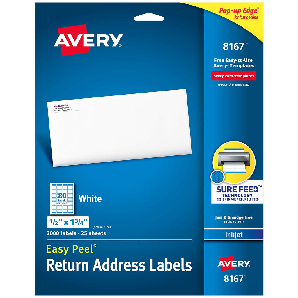 Avery Return Address Labels with Sure Feed for Inkjet Printers, 0.5" x 1.75", 2,000 Labels, Permanent Adhesive (8167),White 1 Pack