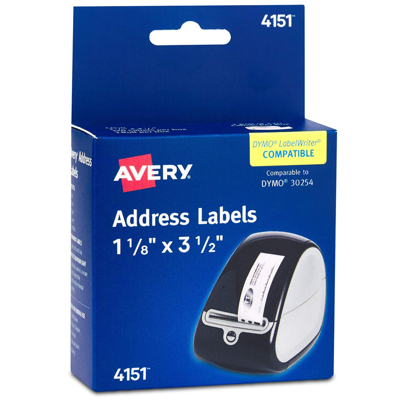 Avery Labels for Dymo Label Printers, Same Size as Dymo 30252, Glossy Clear, 1-1/8'' x 3-1/2'', Roll of 120 Labels (4151)