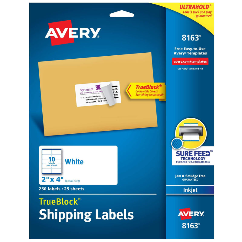 Avery 8163 Shipping Labels, Inkjet Printers, 250 Gift Labels, 2x4 Labels, Permanent Adhesive, True Block, White 250 Labels