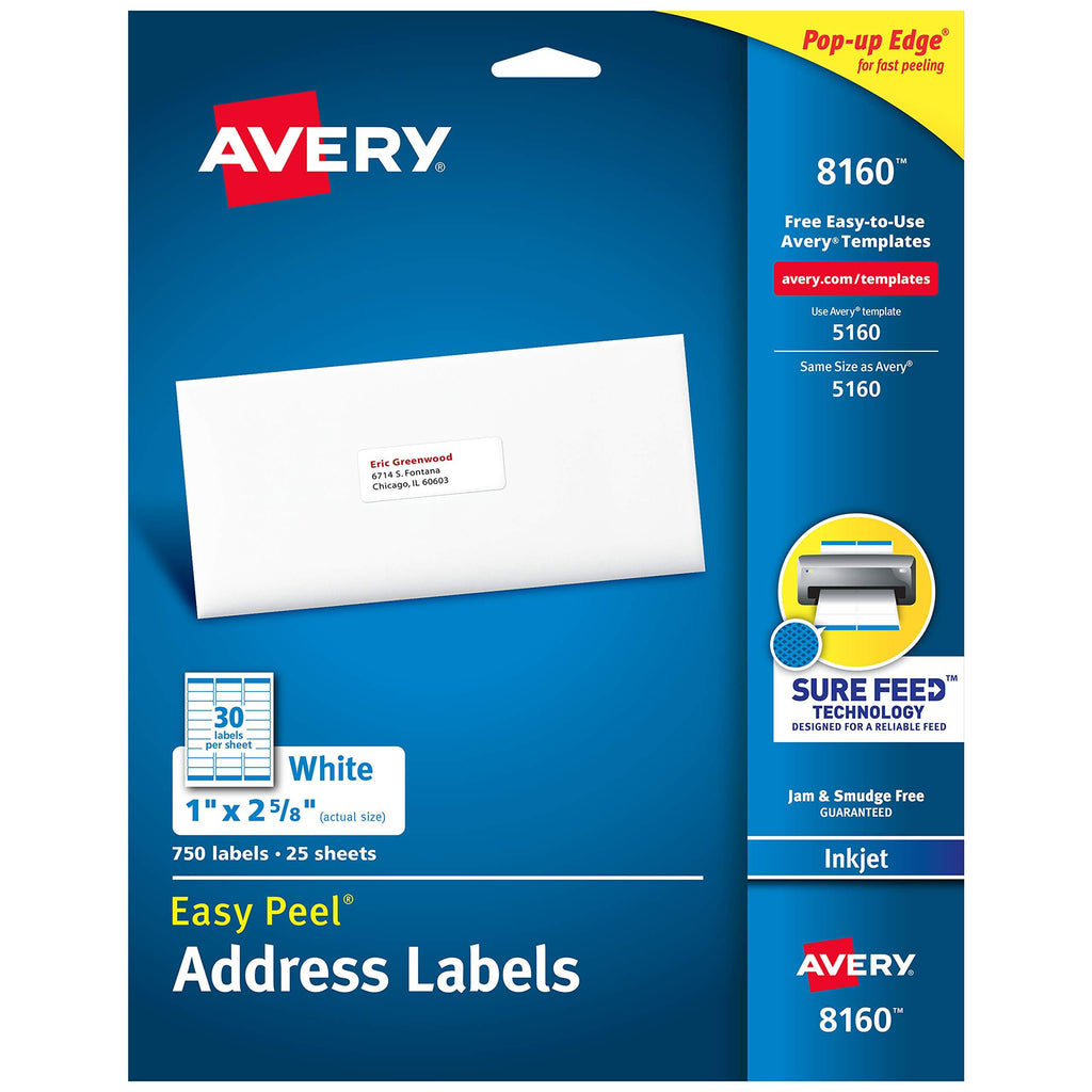 AVERY Address Labels with Sure Feed for Inkjet Printers, 1" x 2-5/8", 750 Labels, Permanent Adhesive (8160) - 08160, White