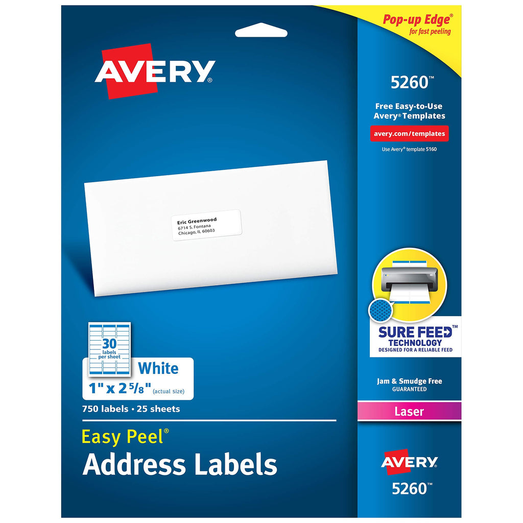 Avery Address Labels with Sure Feed for Laser Printers, 1" x 2-5/8", 750 Printable Labels (5260) 750 Labels