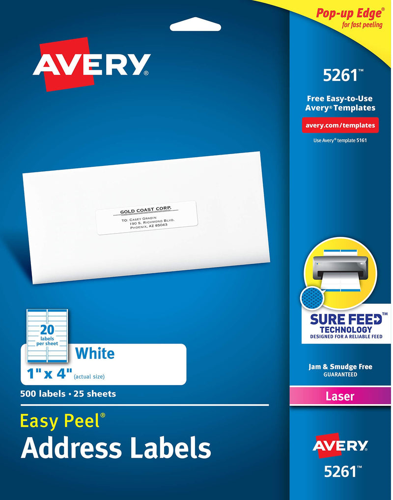 Avery Address Labels with Sure Feed for Laser Printers, 1" x 4", 500 Labels, Permanent Adhesive (5261), White