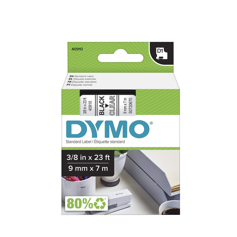 DYMO Standard D1 40910 Labeling Tape ( Black Print on Clear Tape , 3/8'' W x 23' L , 1 Cartridge), DYMO Authentic 3/8" Black on Clear