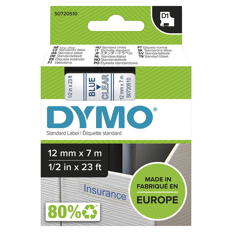 DYMO Standard D1 Labeling Tape for LabelManager Label Makers, Blue Print on Clear Tape, 1/2'' W x 23' L, 1 Cartridge (45011) Standard Packaging