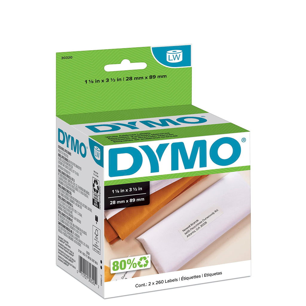 DYMO LW Mailing Address Labels for LabelWriter Label Printers, White, 2-1/8'' x 3-1/2'', 1 roll of 260 (30320) 2 Rolls of 260