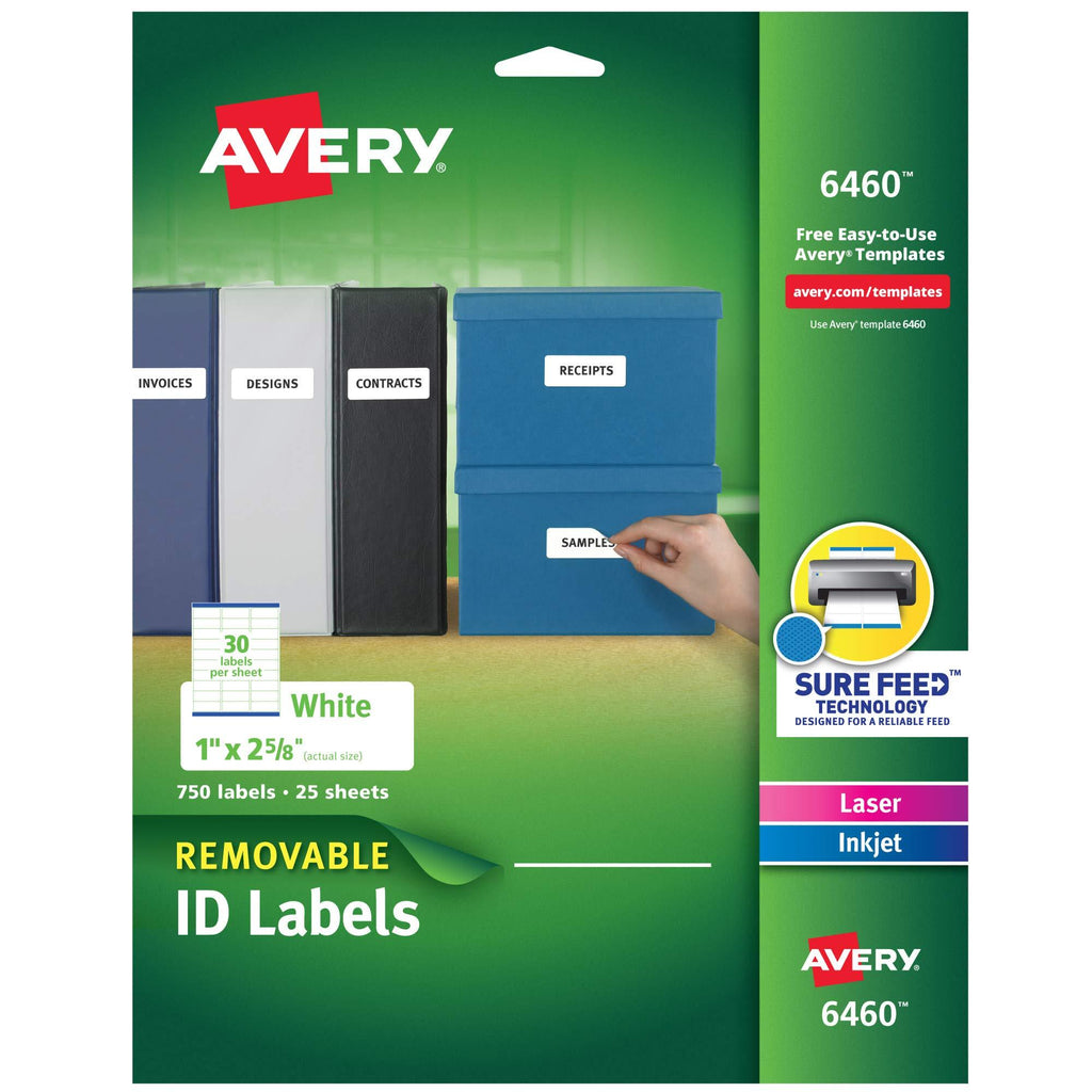 Avery Multiuse Removable Labels with Sure Feed, 1" x 2 5/8", 750 White Labels (6460) 750 Labels