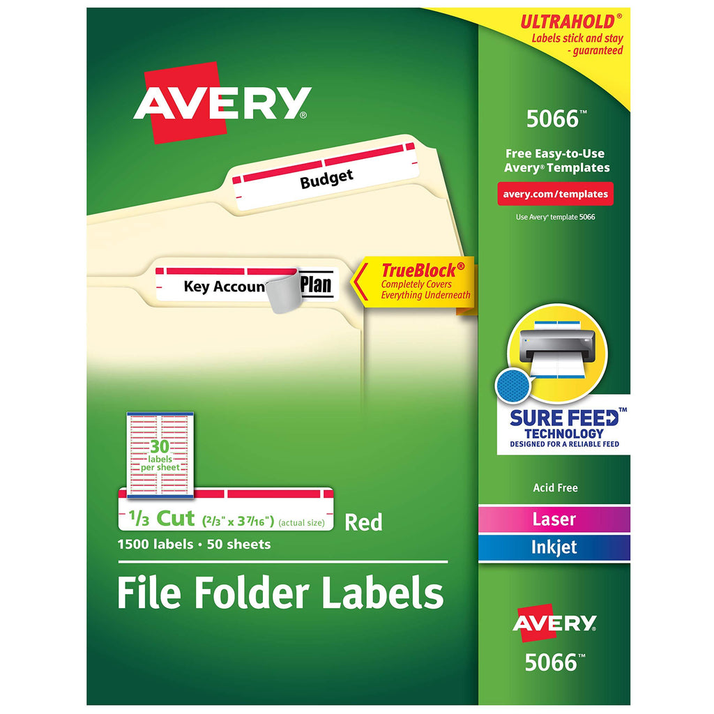 Avery Red File Folder Labels for Laser and Inkjet Printers with TrueBlock Technology, 2/3 x 3-7/16 Inches, Box of 1500 (5066) 1 Pack