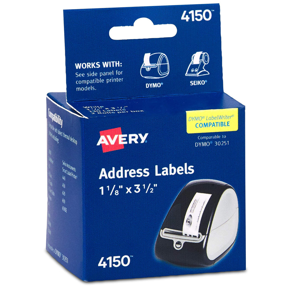 AVERY Multi-Purpose Labels for Label Printers, 1.125 x 3.5 Inches, White, Two Rolls of 130 (04150), 1 1/8" x 3 1/2" 1-1/8" x 3-1/2 260 Labels