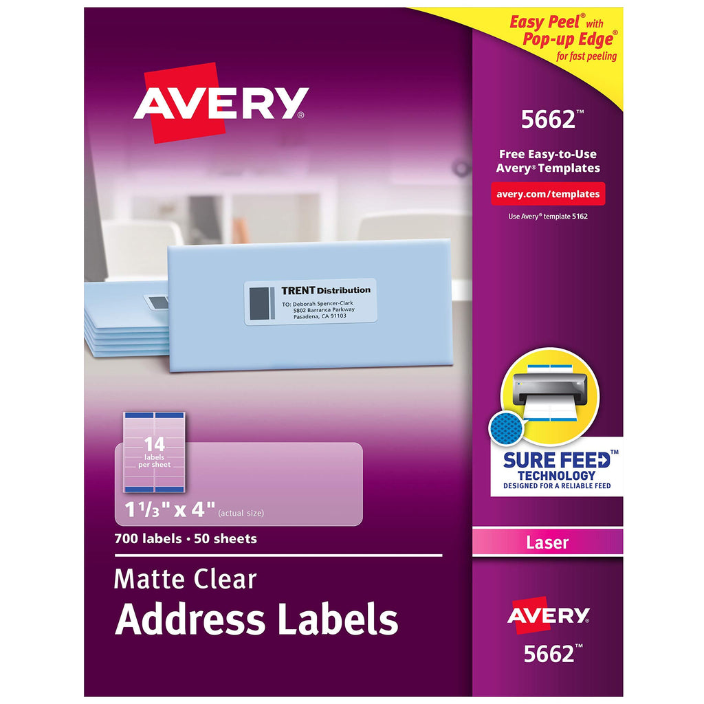 AVERY Matte Frosted Clear Address Labels for Laser Printers, 1-1/3" x 4", 700 Labels (5662)