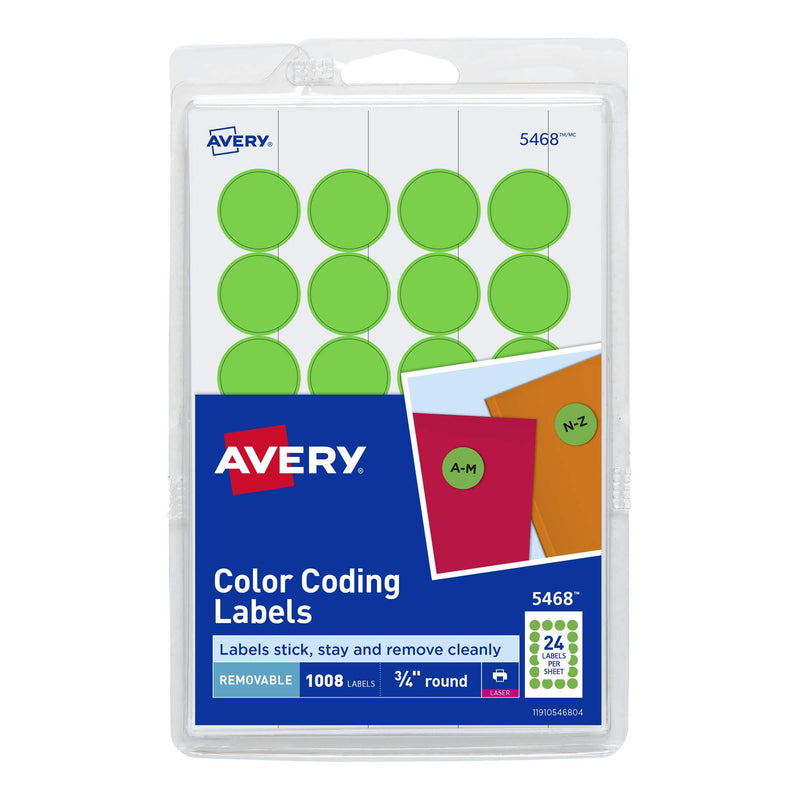 AVERY Print/Write Self-Adhesive Removable Labels, 0.75" Diameter, Green Neon, 1008 per Pack (5468) 1 Pack