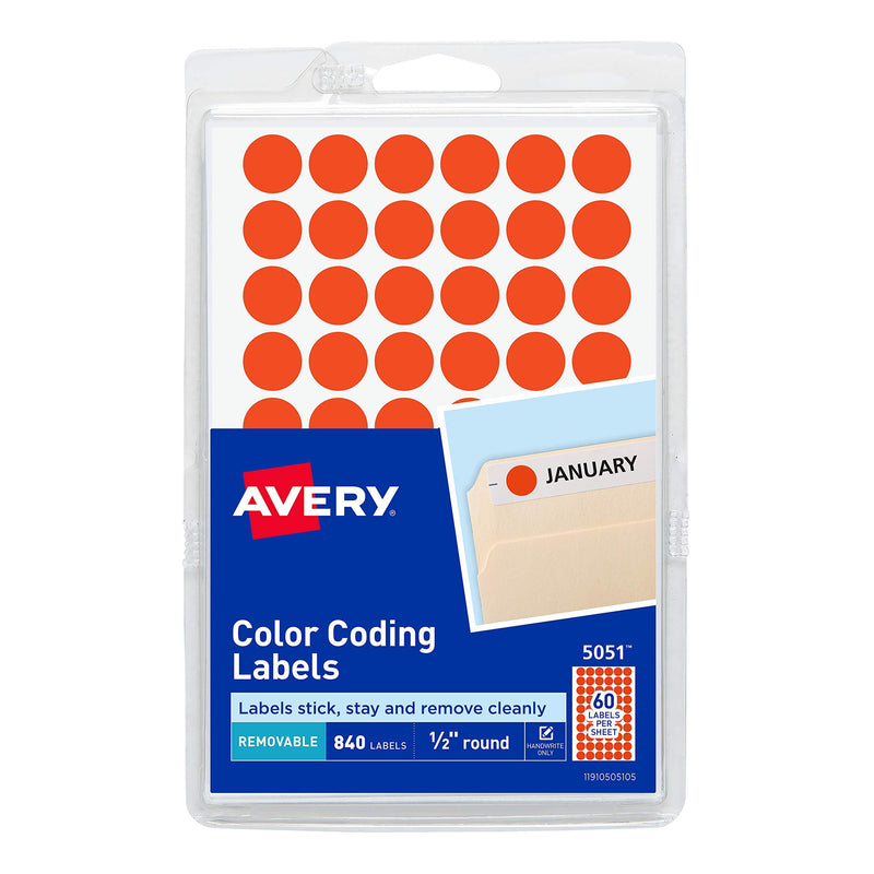 Avery Removable Color Coding Labels, 0.5 Inch, Red - Orange Neon, Round, Pack of 840 (5051)