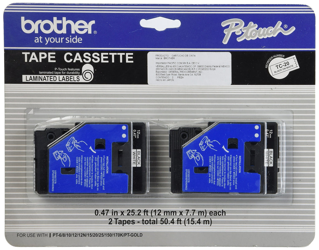 Brother Tc-20 0.47-Inch x 25.2 Ft. - Black On White Tape for Pt-6 8 10 12 15 20 150 170 2-pack