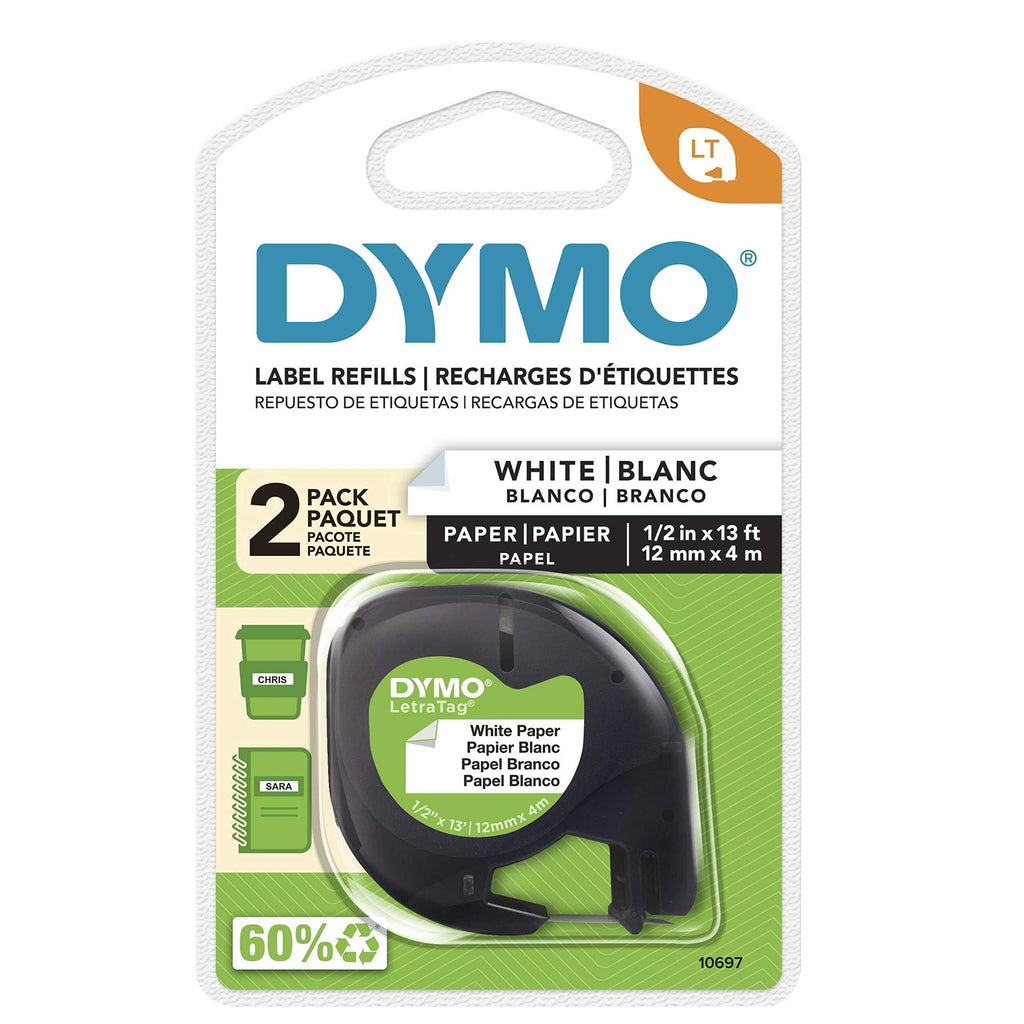 DYMO LetraTag Labeling Tape for LetraTag Label Makers, Black Print on White Paper Tape, 1/2'' W x 13' L, 2 Rolls (10697) 1/2"