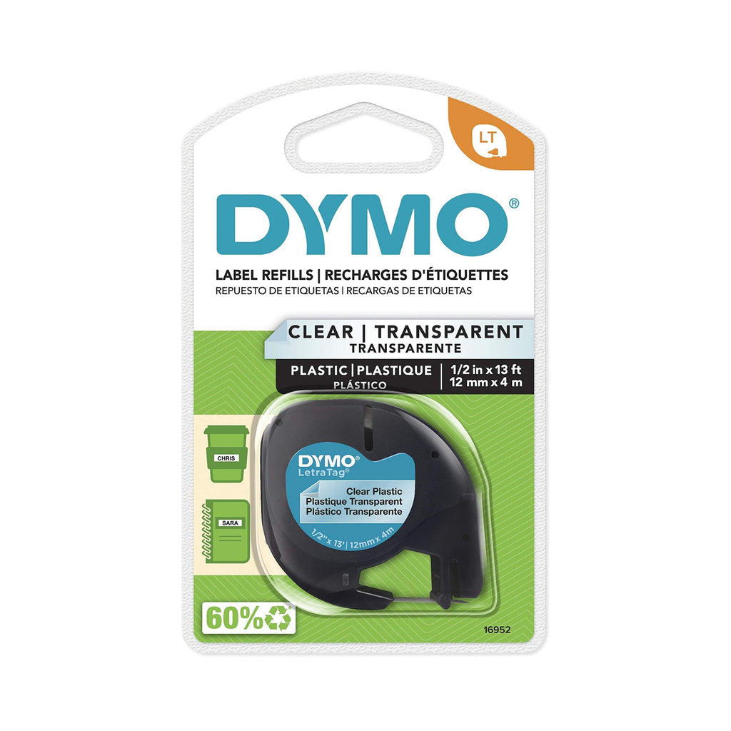 DYMO - DYM16952 Authentic LetraTag Labeling Tape for LetraTag Label Makers, Black Print on Clear pastic Tape, 1/2'' W x 13' L, 1 roll (16952) 156 in. X 1/2 in.