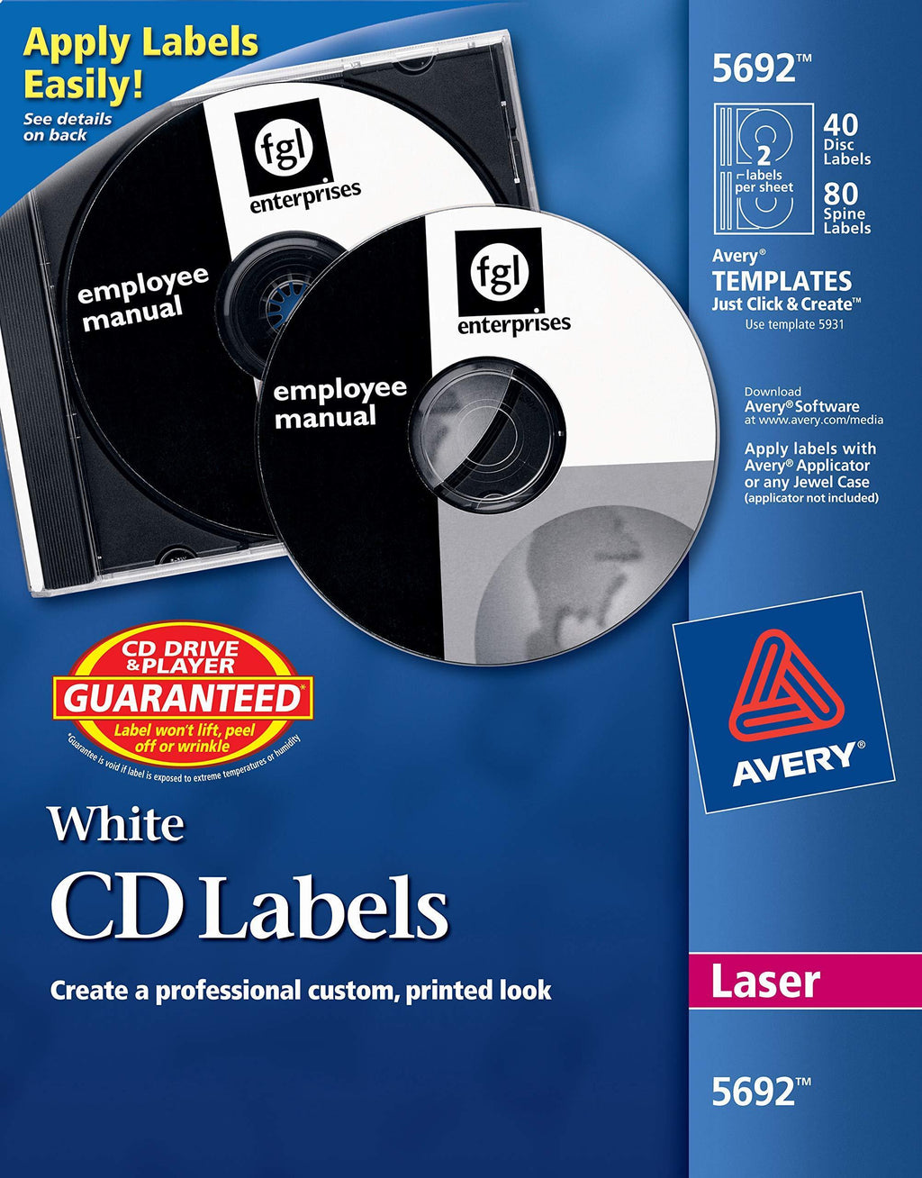 Avery White CD Labels for Laser Printers, 40 Disc Labels and 80 Spine Labels (5692)