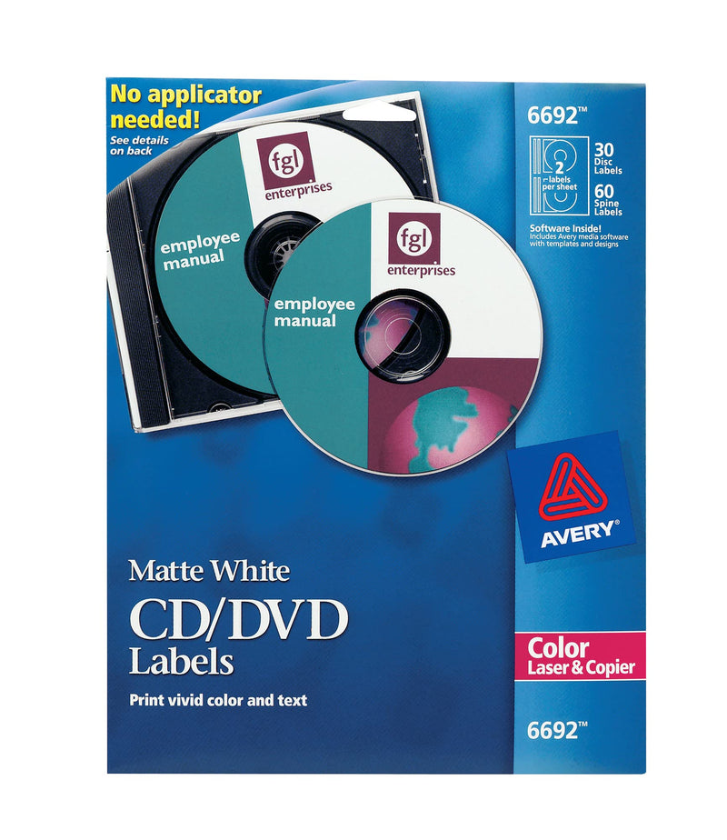 Avery 6692 CD/DVD Labels for Color Lasers, 30 Disc Labels & 60 Spine Labels,White