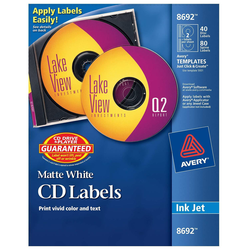 Avery CD Labels, Matte White, 40 Disc Labels and 80 Spine Labels (8692),4.5/8 Inches 4.5/8 Inches