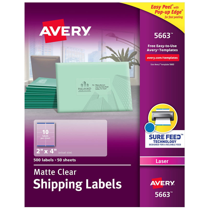 Avery Matte Frosted Clear Address Labels for Laser Printers, 2" x 4", 500 Labels (5663) 1 Pack