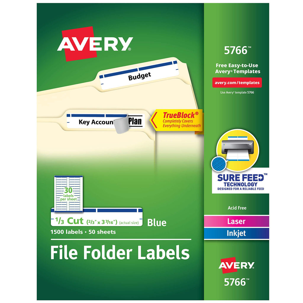 Avery Blue File Folder Labels for Laser and Inkjet Printers with TrueBlock Technology, 2/3 inches x 3-7/16 inches, Box of 1500 (5766) 1 Pack