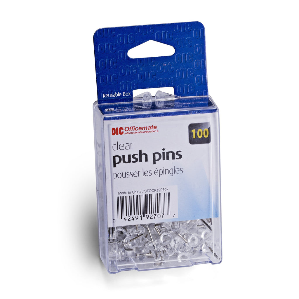 Officemate Push Pins in Reusable Box, Clear, Box of 100 (92707)