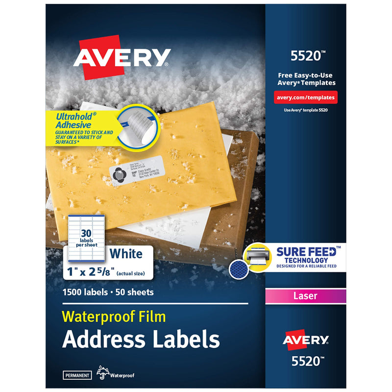 Avery Waterproof Labels with Ultrahold Permanent Adhesive, 1" x 2-5/8", 1,500 Labels for Laser Printers (5520)