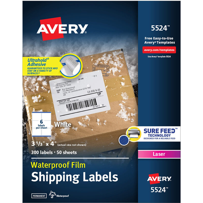Avery Waterproof Shipping Labels with Sure Feed & TrueBlock, 3-1/3" x 4", 300 White Laser Labels (5524) 1 Pack